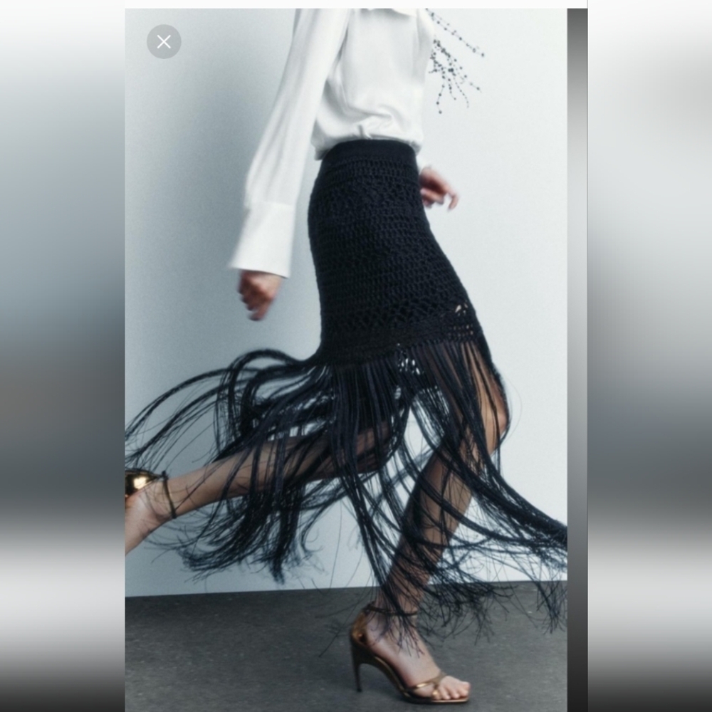 Zara Crochet Knit Fringe Black Skirt - Picture 5 of 5